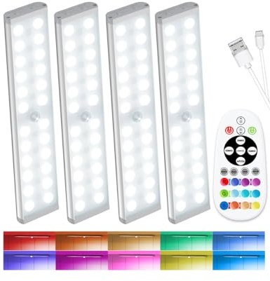 58-LED Under Cabinet Kitchen Lights Wireless, RGB Motion Sensor Lights Indoor Rechargeable, LED Night Lights Remote Under Counter Lighting for Kitchen Shelf Pantry Desk (4 Packs)