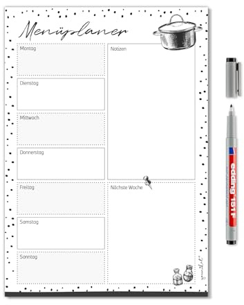 younikat Menüplaner Dots DIN A4 abwischbar Rückseite magnetisch - dv1298 | abwischbar wiederbeschreibbar, Essensplaner schwarz weiß gepunktet, Format DIN A4 210 x 297 mm Black White Konfetti