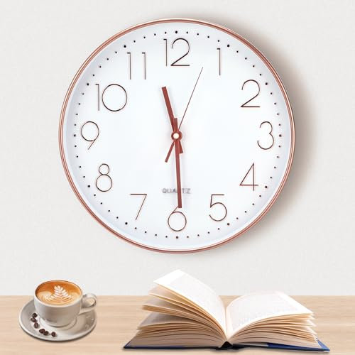 Wanduhr 30 cm, Quartz Lautlos wanduhren rund, für Büro,Wohnzimmer, Küche, Schule Kinderzimmer（Rose Gold）