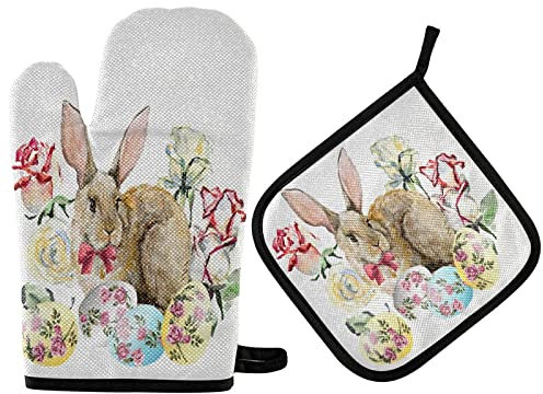 Ofenhandschuhe Kaninchen-Ostereier Frühlingshasen-Blume Kochhandschuhe Thermoisolierung Grillhandschuhe Hitzeresistente Topfhandschuhe Für BBQ Backen Mikrowelle