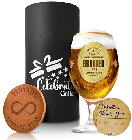 Celebration Gallery Vasos de cerveza, regalos para hermanos, regalos personalizados para hombres, taza personalizada con posavasos de madera, vasos de pinta de 400 ml, regalos de cerveza para hombres,