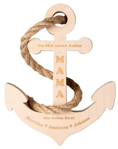 Holz-Anker mit Gravur Du bist mein Anker (3 Kinder)| mit bis zu drei Wunschnamen personalisiert | Geschenkidee zum Muttertag | maritimes Dekogeschenk | Schiffsanker mit Seil