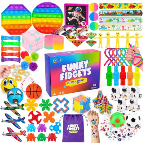 VB Fidget Toys Pack – 90-Pcs Kids Sensory Toys with Popper, Cube, Tubes, Stress Balls – Party Favours, Classroom Prizes – Anxiety, Stress Relief