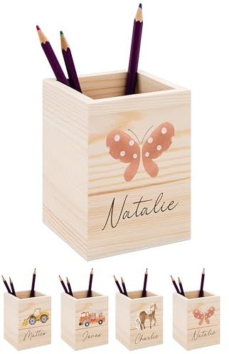 Bärenfreunde® - Personalisierter Stiftehalter Kinder aus Holz - Kreativer und praktischer Schreibtisch-Organizer Kinder mit Namen - Perfektes Einschulung Geschenk und Geburtstag (Schmetterling)