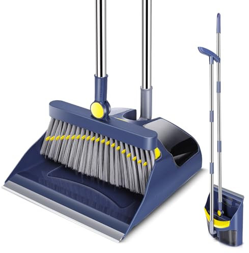 Myiosus Long Handled Dustpan and Brush Set, Upright Broom and Dustpan Set, 180 Degree Rotating Sweeping Brush and Pan Combo for Home, Kitchen, Office, Lobby, Blue
