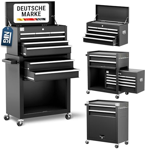 NTG Werkstattwagen Werkzeugwagen mit Werkzeugkiste | OHNE Werkzeug | 8 Schubladen + großes und kleines Fach | Kugelgelagerte Schubladen | Transportsicherung | 1 Rolle mit Feststellbremse