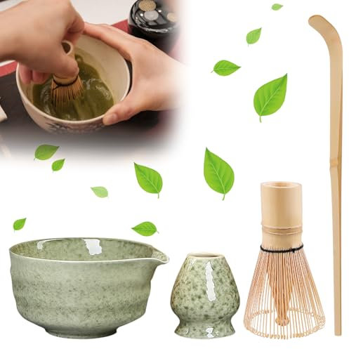 PRITOK Matcha Whisk Set with Ceramic Bowl: 4Pc Japanese Tea Kit, Matcha Bowl, Premium Bamboo Whisk Holder Scoop, Complete Starter Kit for Matcha Lovers (500ml, Green)