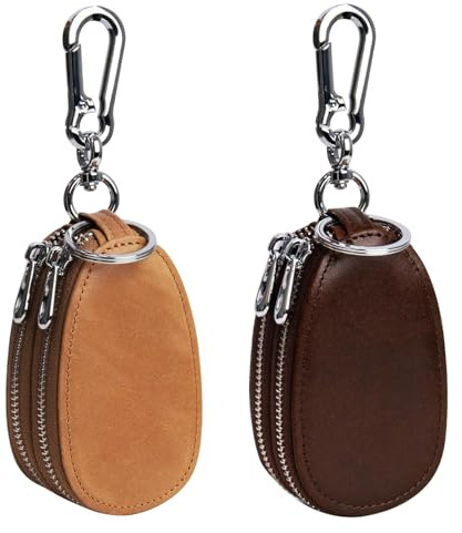 UVKDEENK 2 Pack Mens Vintage Key Case, Retro Genuine Leather Car Key Fob Holder, Key Organizer with Metal Hook Keyring, Double Zipper Key Coin Bag Coffee Brown