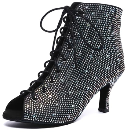 MINITOO L562 Chaussures de Danse à Paillettes pour Femme avec Lacets, L606 Noir Talon 7 5 cm, 37.5 EU