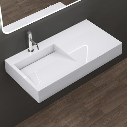 doporro Lavabo Vasque à Poser à Monter au Mur Suspendu Colossum11-1000 en Fonte Minérale Solid Surface Blanc Rectangulaire 100x50x13cm