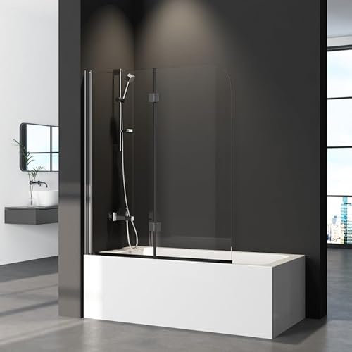 Duschwand für Badewanne 120x140cm 2-Teilig Faltbar Duschabtrennung, Schwarz Faltwand Badewannenaufsatz Faltbar 180°, Badewannenfaltwand mit 6mm NANO Sicherheitsglas Duschtrennwand