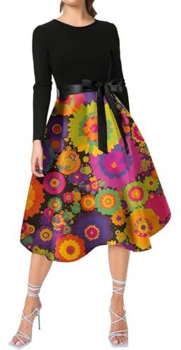 Robe hippie pour femme - Costume hippie des années 70 - Robe rétro rockabilly - Manches longues - Ligne A - Vêtement hippie - Costume rave - Robe festive