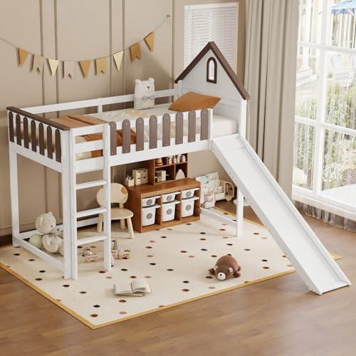 KOMHTOM Mezzanine avec Escalier 90x200, Lit d'Enfant avec Toboggan, Tête de Lit et Sommier à Lattes Une Place (204 x 232.5 x 172 cm, Matelas Non Inclus)