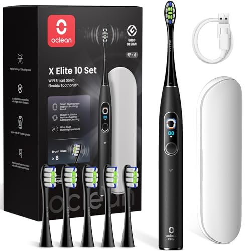 Spazzolino elettrico Oclean X Elite 10 Set, Spazzolatura personalizzata AI, Touchscreen con tracciamento a 12 aree, 40° Oscillazione, 5 Modalità, Timer, 40 Giorni, Previsioni meteo, IPX7, Nero