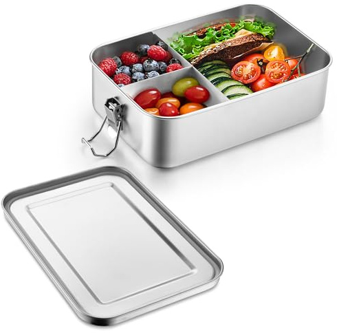 Joyfair Brotdose, Edelstahl Bento Box mit 3 Fächern, Vesperdose Lunch Box Auslaufsicher für Erwachsene & Kinder, Metall Brotzeitdose für Schule, Picknick und Unterwegs, Spülmaschinenfest - 1400ml