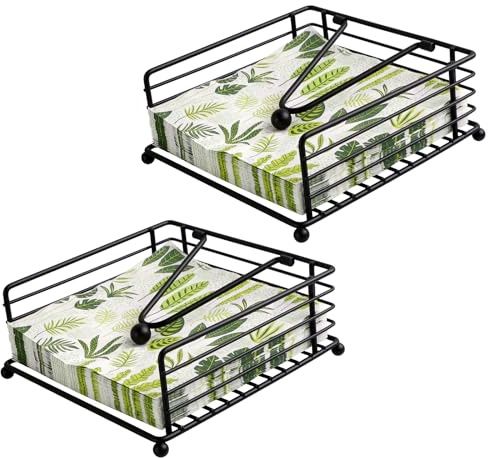 2 Stück Serviettenhalter für Tisch, Metall Quadratischer Seidenpapierspender, Flacher Vintage Serviettenständer mit Beschwerer für Küchen Restaurant (Schwarz)