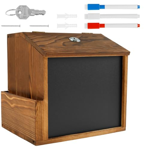 Vorschlagsbox Abschließbar 21x20x16cm, Briefkasten Holz Wandmontage, mit Schlüssel Seitennut, Abnehmbare Tafel, Löschbare Stifte, Spendenbox für Schulen, Krankenhäuser