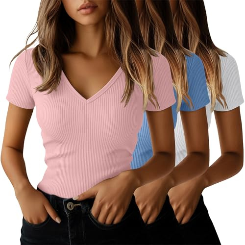 Ficerd Confezione da 3 T-Shirt da Donna in Cotone a Maniche Corte con Scollo a V e vestibilità Slim a Coste Maglietta Estiva(Rosa Chiaro, Azzurro Chiaro, Bianco,S)