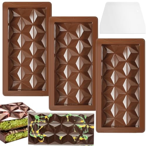 KATIMI 3PCS Deep Chocolate Moulds Silicone, Thick Chocolate Bar Molds with Spatula Easy Release and Durable for Dubai Chocolate DIY Pistachios Bar Kitchen Baking