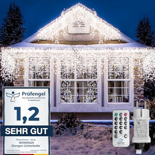 WOWDSGN LED Eisregen Lichterkette Außen, 5M 220LED Eiszapfen Lichterkette mit Timer 8 Modi IP44 wasserdicht Strombetrieben, Lichtervorhang für Weihnachten Dachkante Dachrinne Terrasse Kaltweiß