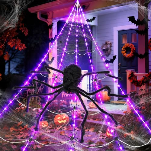 Obcarn Set Decorazioni Halloween con Ragnatela Halloween Luminosa 5m, Ragno Gigante 125cm + Tanti Piccoli Ragni - Addobbi Halloween per Interni, Esterno e Giardino