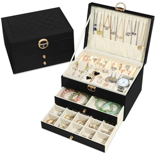 Granbest Boîte à bijoux à 3 couches avec 2 tiroirs, élégante boîte à bijoux en cuir, idéale pour colliers, bracelets, bagues et boucles d'oreilles, noire
