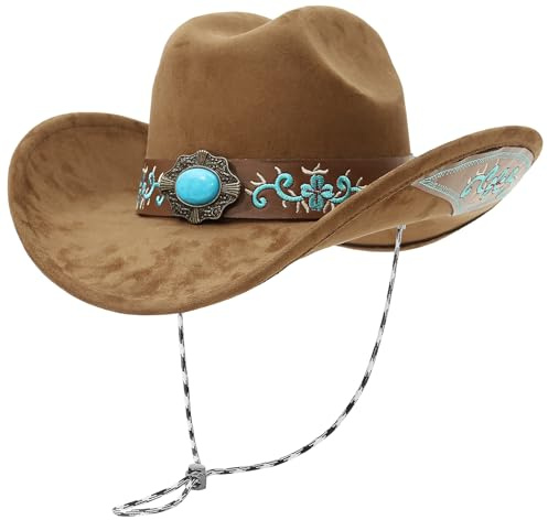 GEMVIE Cappello da Cowboy Occidentale Turchese per Uomo Donna Grande Tesa Scamosciata Cappello da Cowgirl Marrone Ricamo con sottogola, Marrone, 7/7 1/4