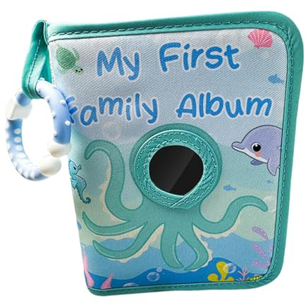 Libro de recuerdos de bebé con diseño de pulpos de dibujos animados con espejo seguro y anillos de dentición para recuerdos de bebé, primer álbum de fotos, libro de fotos con patrón de dibujos