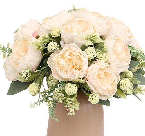 KP HOME Mazzo di Peonie Artificiali in Seta Tocco Reale - Fiori Finti Per Decorazioni con 12 Capolini Crema, Steli H 28 cm - Composizione per Interni ed Esterni, Tavola, Matrimoni, Eventi o Cimitero