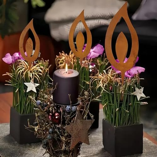 3er Set Weihnachtsdeko Gartenstecker Rost, Edelrost Metall Gartenstecker Weihnachten Stabil Und Wetterfest, Häuser Kerzen Form Blumenstecker Weihnachten Adventsdeko Für Garten Balkon Grabschmu