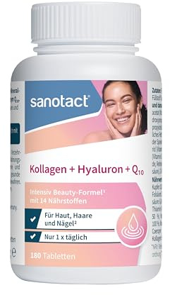 sanotact Kollagen + Hyaluron + Q10 Kapseln, Beauty-Formel mit 14 Nährstoffen für Haut, Haare und Nägel, 180 Tabletten (6 Monate Vorrat)