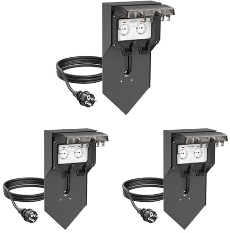 ledscom.de 3x Steckdosensäule POXO mit Erdspieß und 2m Kabel für außen, IP65, 2-fach, anthrazit/schwarz, eckig, 40cm