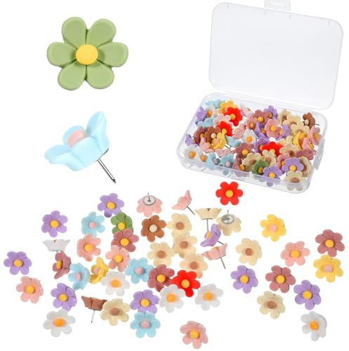 JJUNW 50 Stück Blumige Pinnnadeln, Bunte Reißzwecken Blumen Reißzwecken Für Pinnwände Cork Board Korktafel Fotowand Büro Haus