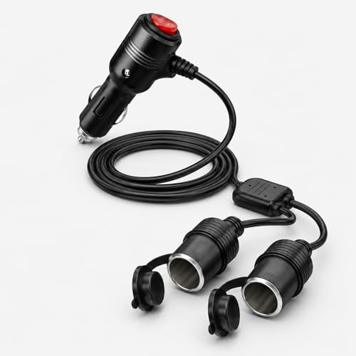 BacJueSin Zigarettenanzünder Verteiler 16 AWG 12V 24V Auto 1 bis 2 Adapter mit Schalter Verlängerungskabel Zigarettenanzünder Verlängerung für LKWs Wohnwagen Camping Kühlbox 12V Verteiler (1m)
