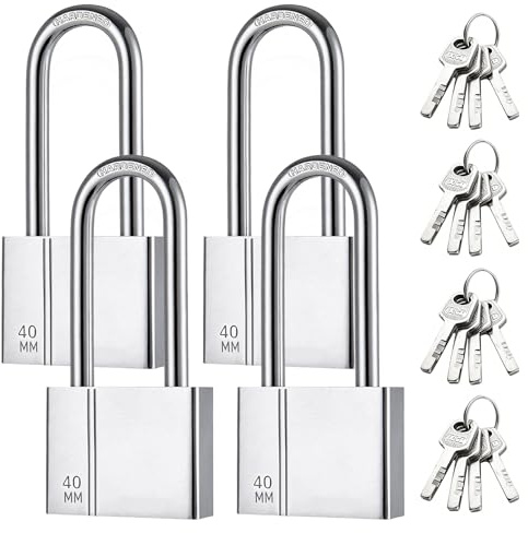 Lot de 4 cadenas lourds en acier inoxydable de 40 mm avec clé, cadenas en acier inoxydable avec 16 clés, serrure étanche pour cave, casier, garage