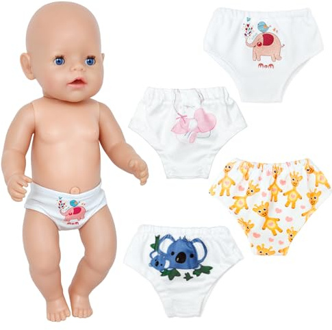 4 Puppenwindeln für 35–43 cm Babypuppen, Wiederverwendbare Puppenunterwäsche mit 4 Tiermotiven, Puppenzubehör & Puppenkleidung für 14–18 Zoll Puppen, Windeln Set für Rollenspiel