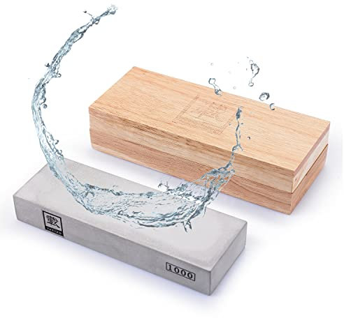 Zayiko Schleifstein 1000er Körnung | aus Siliziumkarbid | mit Wasser oder Öl nutzbar | für Grundschliff von Küchenmessern | in Holzbox für Profi- & Hobbyköche