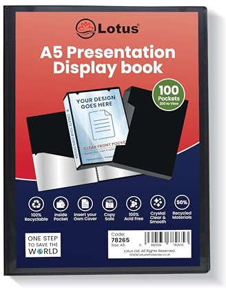 A5 visningsbok – 100 fickor, svart presentation, A5, visningsbok, mapp, folio för proffs, företag, studenter, projekt, skola, högskolor, hem av Lotus – 78265 (1 bok)