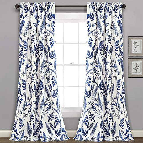 Lush Decor White-and-Navy Devonia Room-Darkening Window Curtain Set (95 x 52)