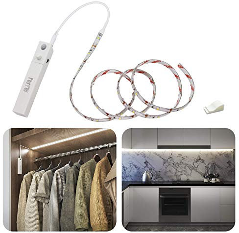LED Band mit Bewegungsmelder, SIBI Batteriebetrieben Kleiderschrank Beleuchtung Stripe, Schranklicht Normales Weißes 4000K, Überall Aufkleben Nachtlicht für Schlafzimmer, Treppe, Schrank, 1 Pack