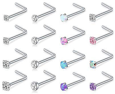 D.Bella 18G 20G 22G L Shaped Nose Studs Surgical Stainless Steel 1.5mm 2mm 2.5mm 3mm CZ Nose Rings For Women