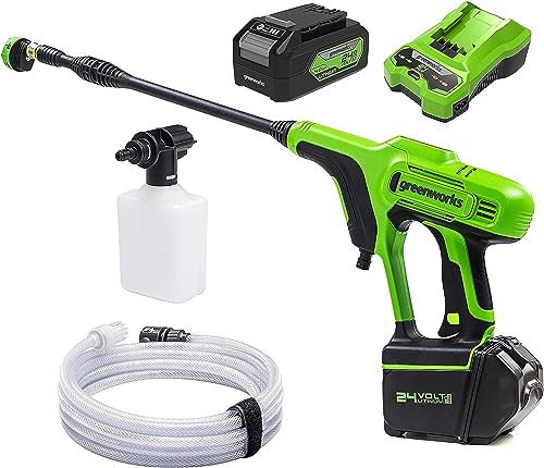 Greenworks Hidrolimpiadora a batería G24PWK4 (Motor Iones de Litio de 24V y 300 W Potencia, presión 24 Bar y caudal 180 l/h, Boquilla 5 Pliegues y Manguera 6 m Incluye batería de 4 Ah y Cargador)