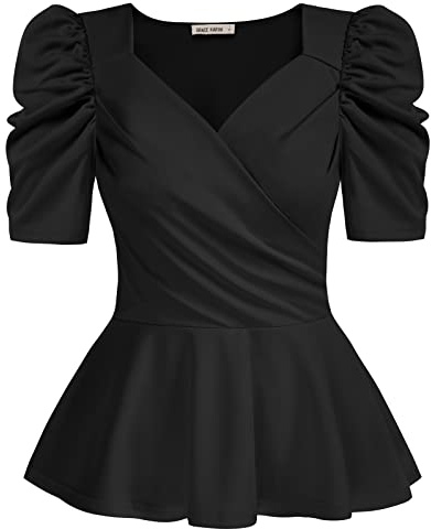 Women's Elegant Tops 2025 Business Casual Ruffle Puff Sleeve Wrap V Neck Party Shirt Black L