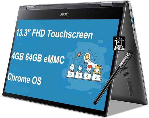 Chromebook Spin 513 2-in-1 Laptop (13.3 FHD Touchscreen, 8-Core CPU, 4GB RAM, 64GB eMMC), Home & Student, Webcam, Backlit KB, Long Battery Life, IST Stylus, Chrome OS, Steel Gray - 2024