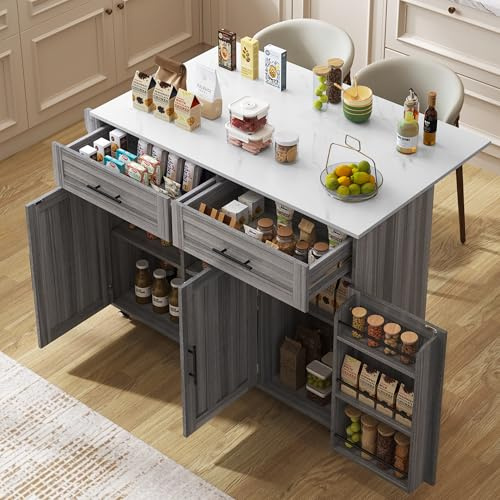 Speisewagen/Sideboard mit klappbarer Tischplatte, Kücheninsel mit Handtuchhalter, 2 Schubladen, 3 Ablagefächer, Küchenwagen mit 5 Rollens, Küchenschrank aus Holz für Esszimmer, Grau, 129x71x91,5 cm