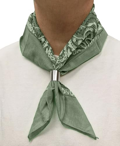 Komonee Tie Neck Ring Loop Clasp Silver Colour With Olive Green Paisley Bandana Head Scarf Headbands Handkerchief Cowboy Cotton Bib Party Face For Mens Womens Unisex