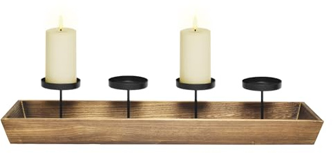 Holz Advents Kerzenleuchter mit 4 Kerzentellern, 56 x 12 cm | Weihnachts Kerzenständer Integriertes Deko Tablett Kerzenhalter Adventskranz Tisch Winter Dekoration