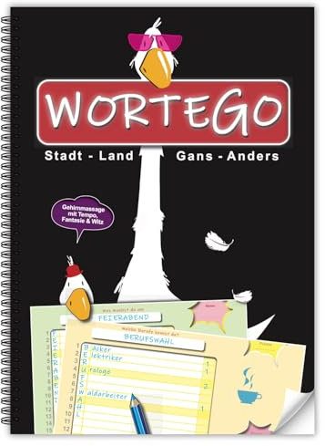 WORTEGO. Stadt-Land-Fluss mal „Gans“ Anders. Das ideale Spiel für „um-die-Ecke-Denker“. Rasant. Aufregend. Humorvoll. Im handlichen College-Block-Format