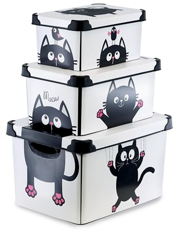 GEEZY Decorative Storage Boxes with Lids Set of 3 (22, 10, 5L) - Nesting Stackable Plastic Containers with Handles, Bedroom, Office, Wardrobe, Garage - Cute Cat Theme for Toys, Clothes, Home, Files