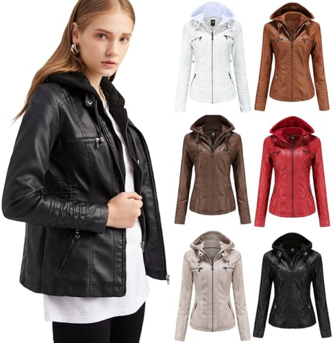 Generisch Lederjacke Damen Schwarz mit Kapuze - Kunstlederjacke Damen Oversize Bikerjacke mit Reißverschluss Motorrad Jacke Herbst